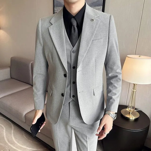 Set: Lapel Collared Single Breasted Blazer + Button Vest + Mid Rise Dress Pants