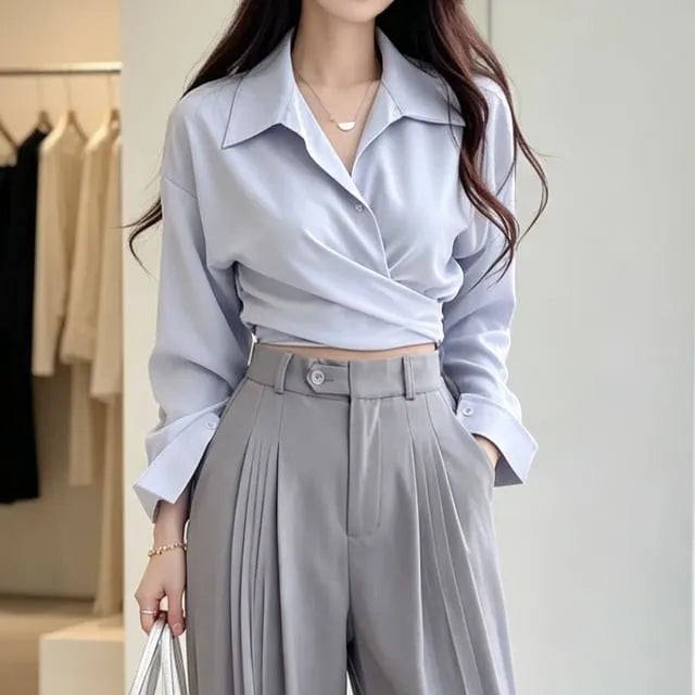 Long-Sleeve Plain Button-Up Wrap Crop Shirt