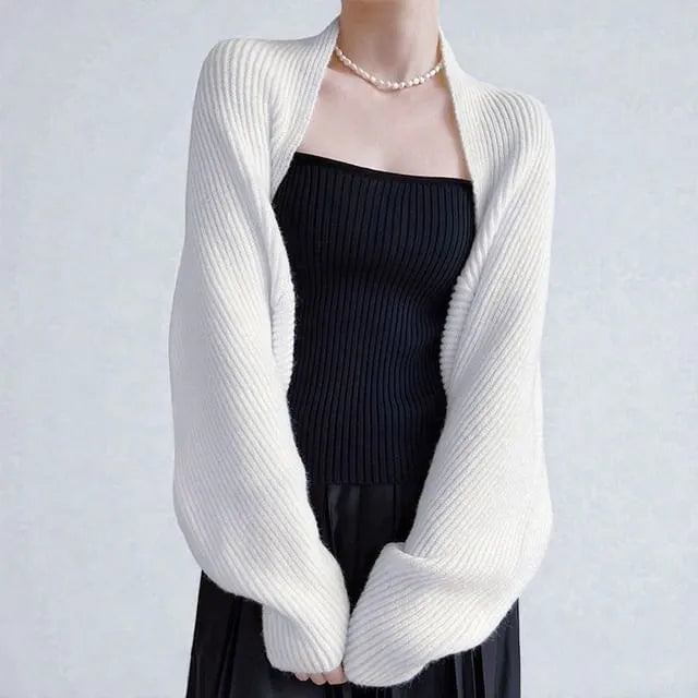Puff-Sleeve Plain Knit Shrug
