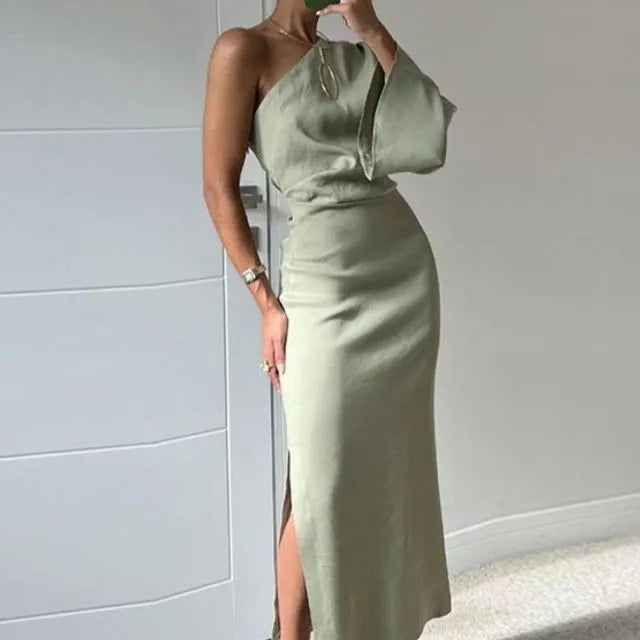 Long-Sleeve One-Shoulder Plain Slit Midi Sheath Dress