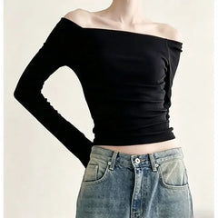 Long Sleeve Off-Shoulder Plain Slim-Fit Top