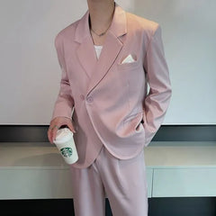 Set: Plain Asymmetrical Double-Breasted Blazer + Drawstring Waist Loose Fit Pants
