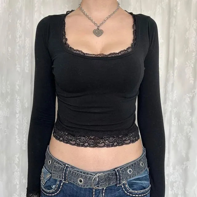 Long Sleeve Scoop Neck Lace-Trim Plain Slim-Fit Crop Top