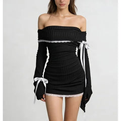 Long-Sleeve Off Shoulder Lace Trim Ribbon Accent Striped Mini Bodycon Dress