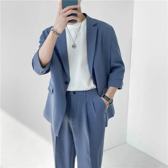 Set: 3/4-Sleeve One-Buttoned Blazer + High Waist Straight Leg Dress Pants