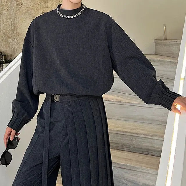 Set: Mock Neck Plain Single Breasted Blazer + Mid Rise Wide Leg Pants + Skirt