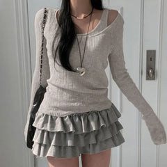 Set: Long-Sleeve Scoop Neck Plain Ribbed T-Shirt + Tank Top