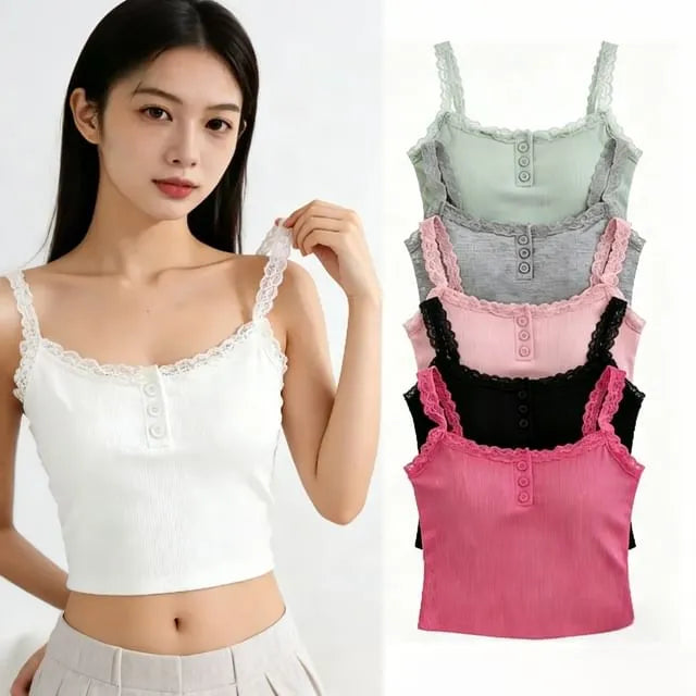 Henley Plain Lace Trim Padded Camisole