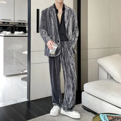 Set: Plain Single-Breasted Blazer + Mid Rise Wide Leg Pants