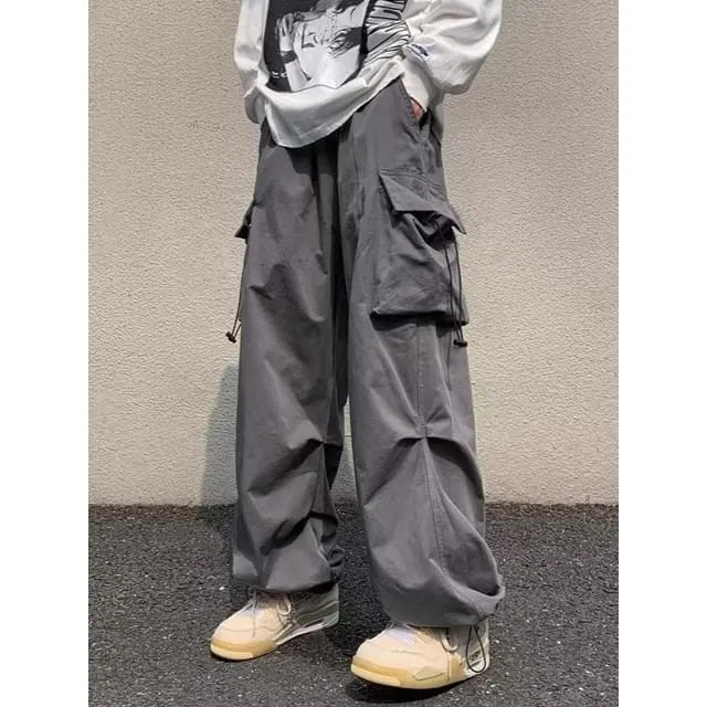 Unisex Drawstring-Waist Cargo Parachute Pants