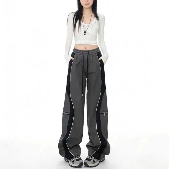 Drawstring Waist Two Tone Wide Leg Pants