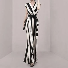 Sleeveless V-Neck Striped Wide Leg Wrap Jumpsuit