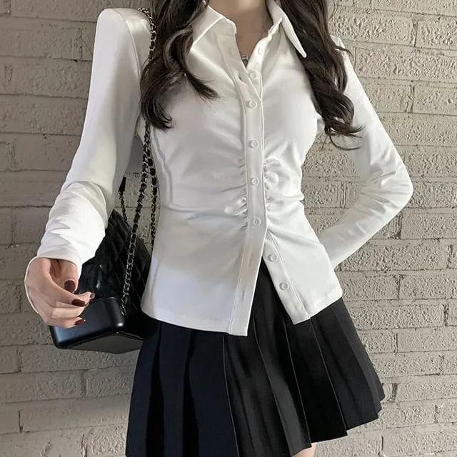 Long-Sleeve Plain Ruched Button-Up Slim Fit Shirt / High Rise Pleated Mini A-Line Skirt