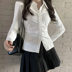 Long-Sleeve Plain Ruched Button-Up Slim Fit Shirt / High Rise Pleated Mini A-Line Skirt