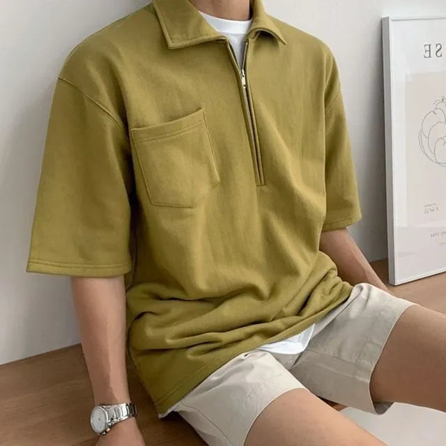 Short-Sleeve Plain Half-Zip Polo Shirt
