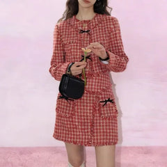 Plaid Fringed Trim Cropped Jacket / High Rise Mini Pencil Skirt