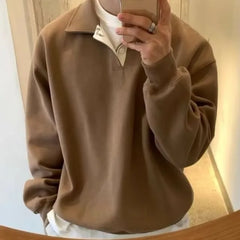 Long-Sleeve Polo-Neck Plain Sweatshirt