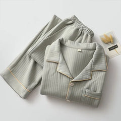 Pajama Set: Long-Sleeve Collared Contrast Trim Shirt + Elastic Waist Straight Leg Pants