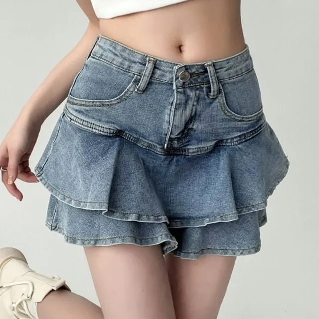 High Waist Ruffled Layered Mini Denim Skirt