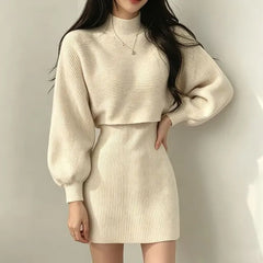 Set: Balloon Sleeve Mock Neck Plain Ribbed Sweater + Sleeveless Crew Neck Knit Mini A-Line Dress