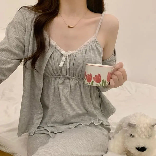 Pajama Set: V-Neck Lace Trim Shirred Camisole Top + Pants + Button-Up Jacket