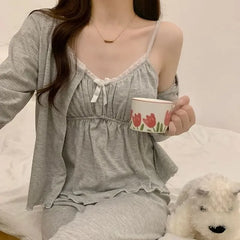 Pajama Set: V-Neck Lace Trim Shirred Camisole Top + Pants + Button-Up Jacket