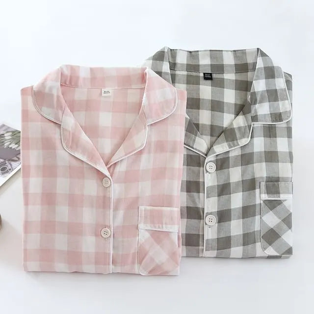 Couple Matching Pajama Set: Long-Sleeve Collared Plaid Shirt + Elastic Waist Straight Leg Pants