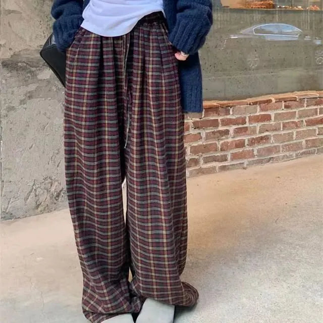 Drawstring Waist Plaid Wide Leg Pants