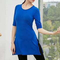 Elbow-Sleeve Plain Side-Slit Dance T-Shirt