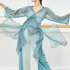 Flared-Sleeve V-Neck Plain Asymmetrical Dance Top