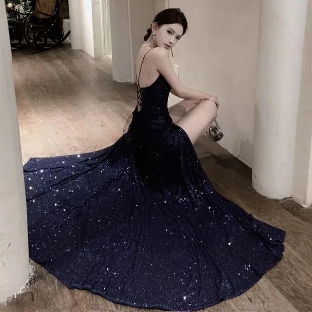 Spaghetti Strap V-Neck Glitter Maxi A-Line Dress