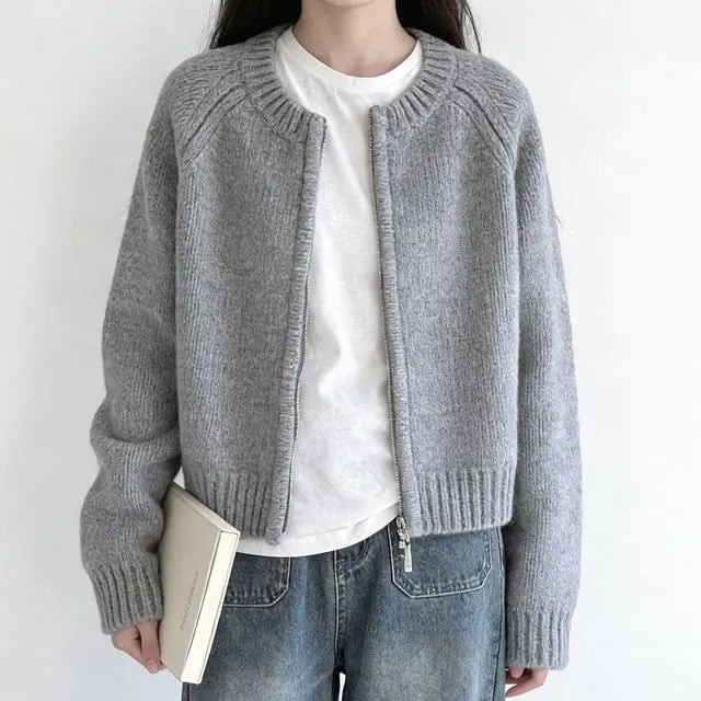 Round Neck Plain Zip Cardigan