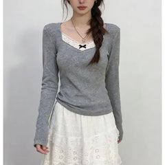 Long Sleeve Square-Neck Lace-Trim Accent Slim-Fit Top