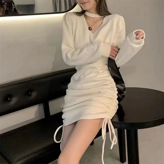 Long-Sleeve Mock Neck Plain Cutout Drawstring Mini Sheath Dress