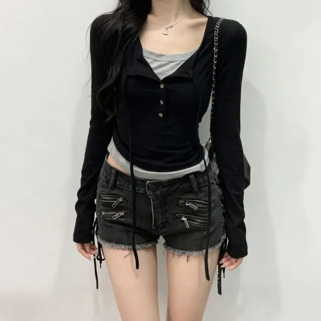 Long-Sleeve Henley Two Tone Mock Two-Piece T-Shirt