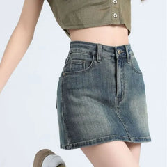 High Waist Washed Denim Mini Pencil Skirt