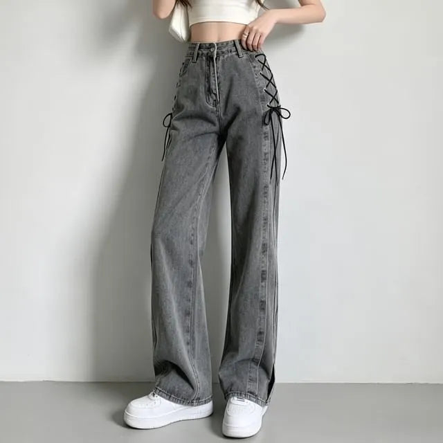High Waist Lace-Up Loose Fit Jeans