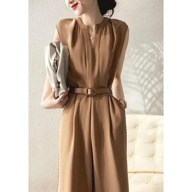 Set: Sleeveless Notch Neck Plain Wide Leg Jumpsuit + Belt
