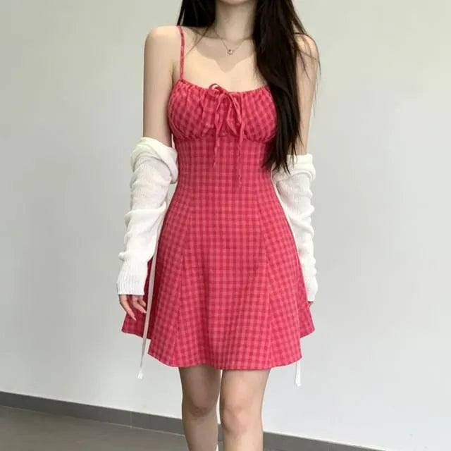 Set:  Spaghetti Strap Dotted Mini A-Line Dress + Light Scarf