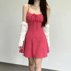 Set:  Spaghetti Strap Dotted Mini A-Line Dress + Light Scarf