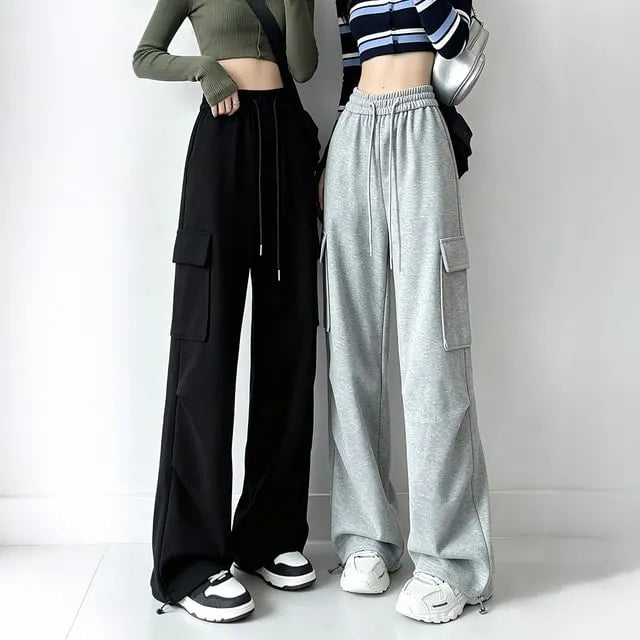 Drawstring Waist Plain Wide Leg Cargo Sweatpants