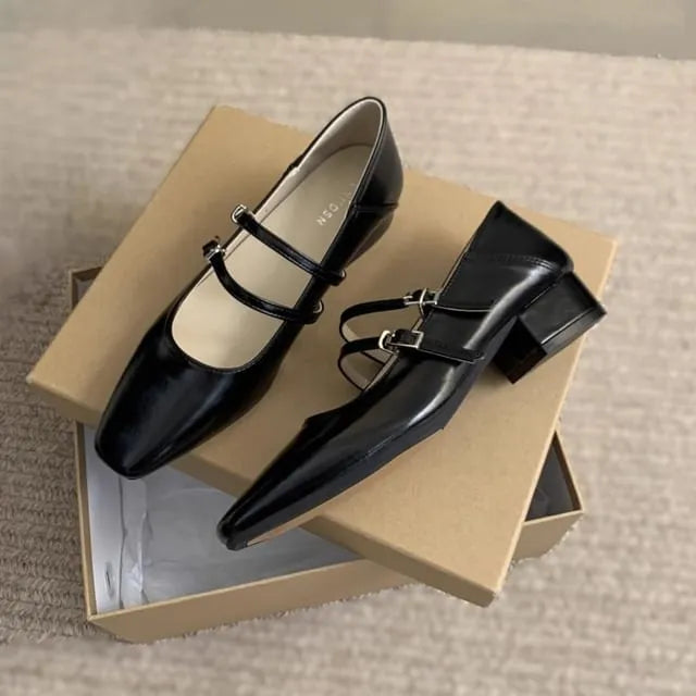 Block Heel Square-Toe Double Strap Mary Jane Shoes