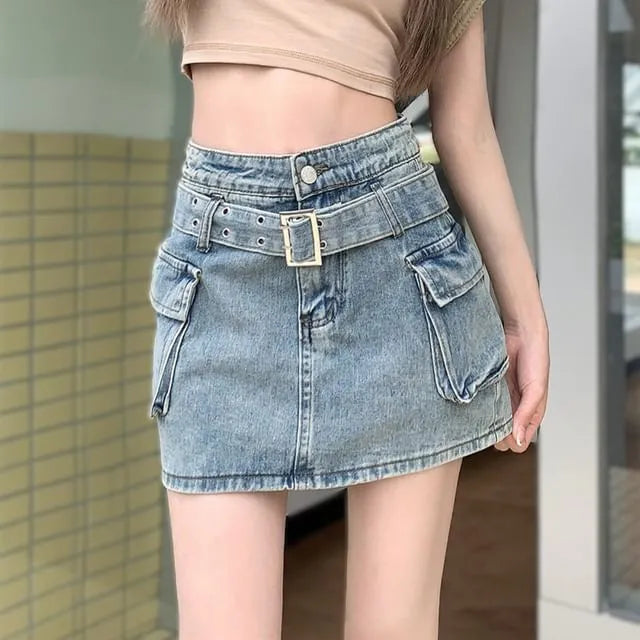 High Waist Belted Washed Denim Mini Pencil Skirt