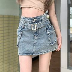 High Waist Belted Washed Denim Mini Pencil Skirt