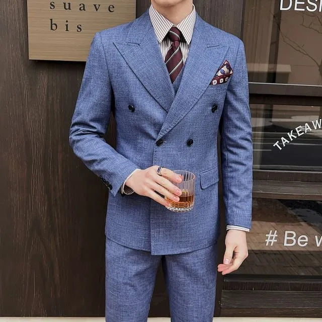 Set: Peak Lapel Melange Double-Breasted Blazer + V-Neck Vest + Mid Rise Straight Leg Dress Pants