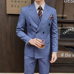 Set: Peak Lapel Melange Double-Breasted Blazer + V-Neck Vest + Mid Rise Straight Leg Dress Pants