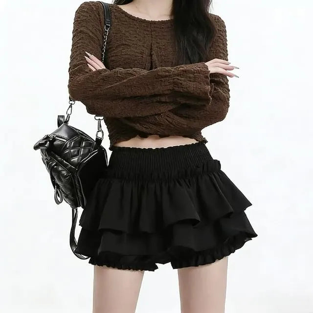 High Waist Plain Ruffled Mini A-Line Layered Skirt