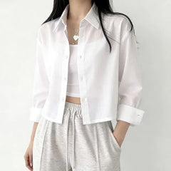 Long-Sleeve Striped Button-Up Crop Shirt