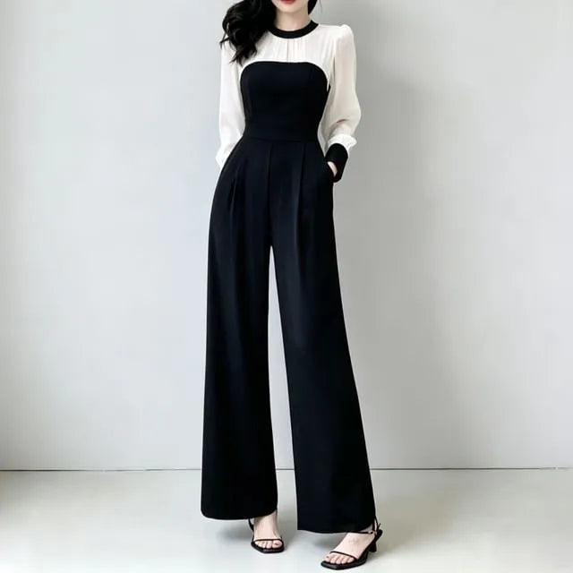 Long-Sleeve Crew Neck Two Tone Jumpsuit