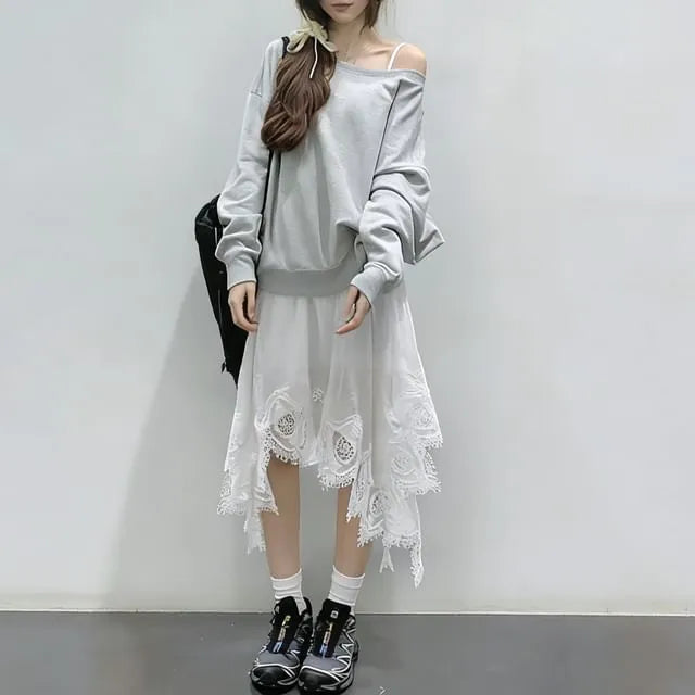 Cold-Shoulder Long-Sleeve Plain Pullover / Spaghetti Strap Plain Lace Trim Mini A-Line Dress